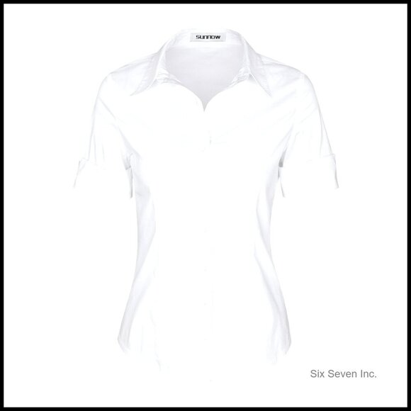 Tops - Cotton+Polyester Button Down Shirt Short Sleeve Wrinkle Free Work Blouse